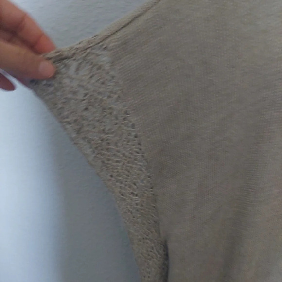 Eileen Fisher Linen Crocheted trim Lagenlook Tan open Knit Blouse Medium - Picture 5 of 9